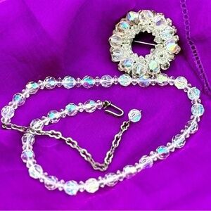 Vintage Aurora Borealis Wreath Brooch and Necklace Set Iridescent Holiday NYE